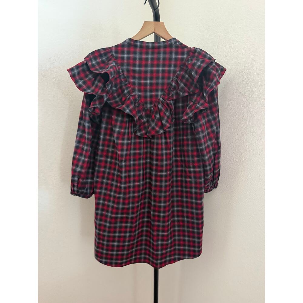 New something navy ruffle plaid button up dress long sleeve sz XS $165 - Picture 9 of 9